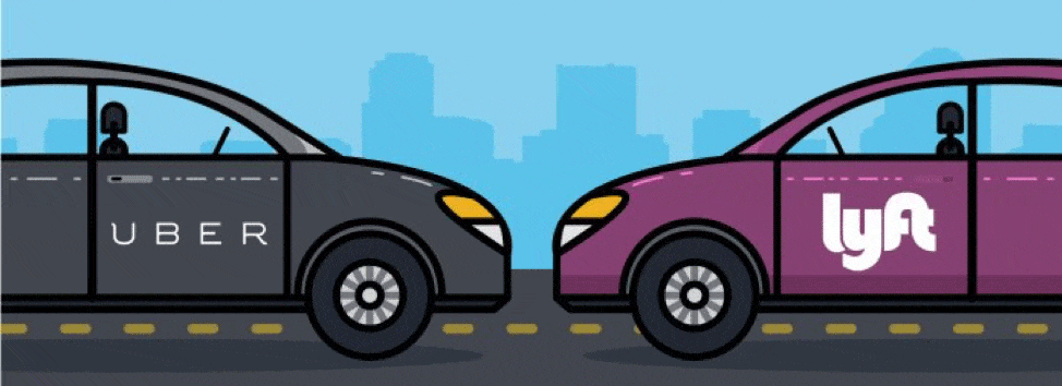 illustration showing uber and lyft cars in head-on collision